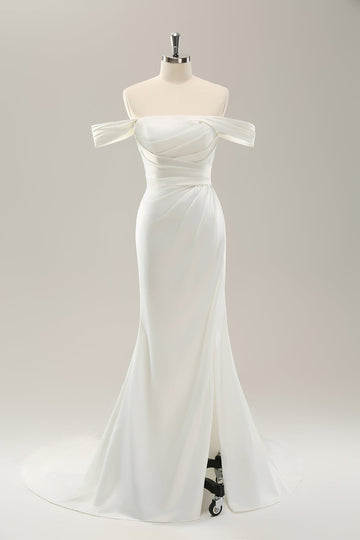 White Mermaid Off The Shoulder Pleated Satin Wedding Dress with Slit